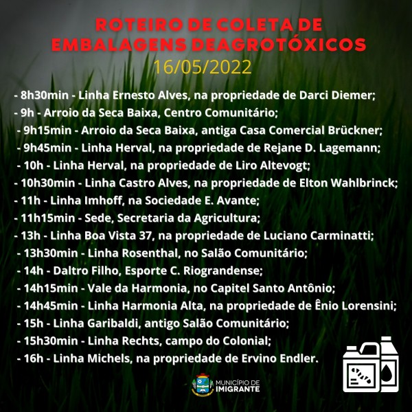 Definida data e roteiro do recolhimento de embalagens de agrotóxico