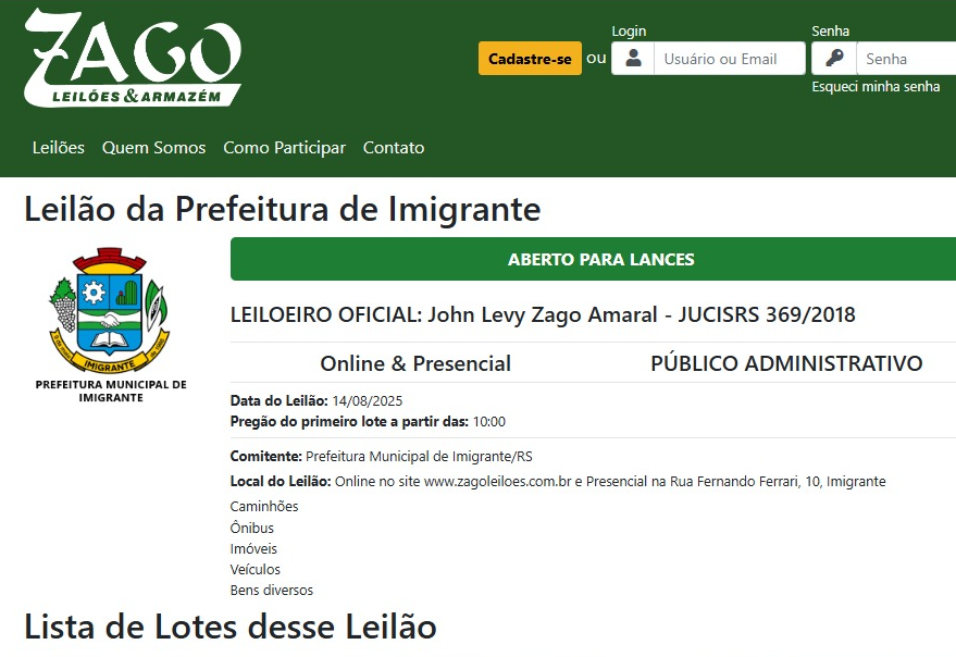 Município de Imigrante realizará leilão público de bens inservíveis e imóveis