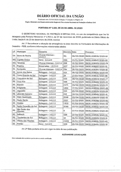 Governo Federal reconhece Situação de Emergência em função da estiagem