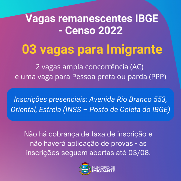 Vagas remanescentes para o Censo 2022